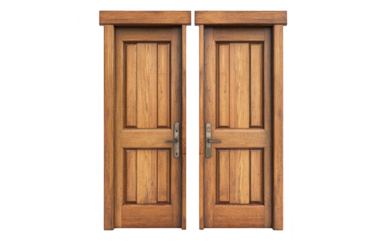 Classic wooden double doors with ornate handles isolated on a transparent background