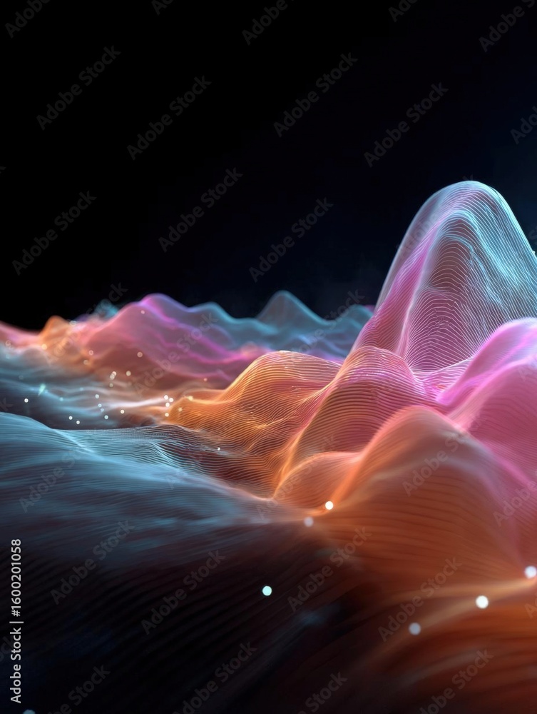 Poster abstract digital art piece that appears to be a 3d rendering of a wave-like pattern. the wave is mad