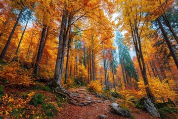 Autumn forest path. Colorful, golden leaves, bright fall foliage, and tall trees surround