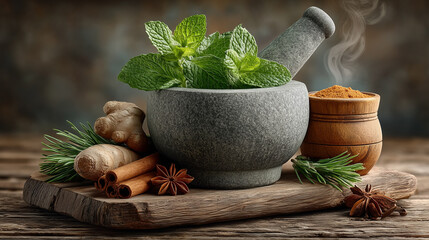ancient Ayurvedic remedy, stone mortar filled with fresh mint leaves, surrounded by ingredients herbs, spices, and natural ingredients for cooking and healing. Ayurveda