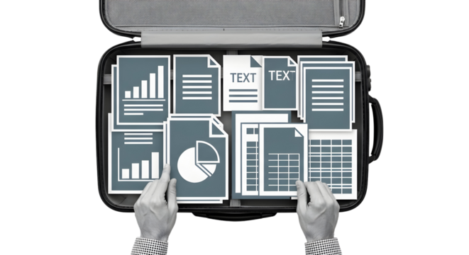 Data Deluge: Briefcase Overflowing with Business Documents and Financial Reports Analysis