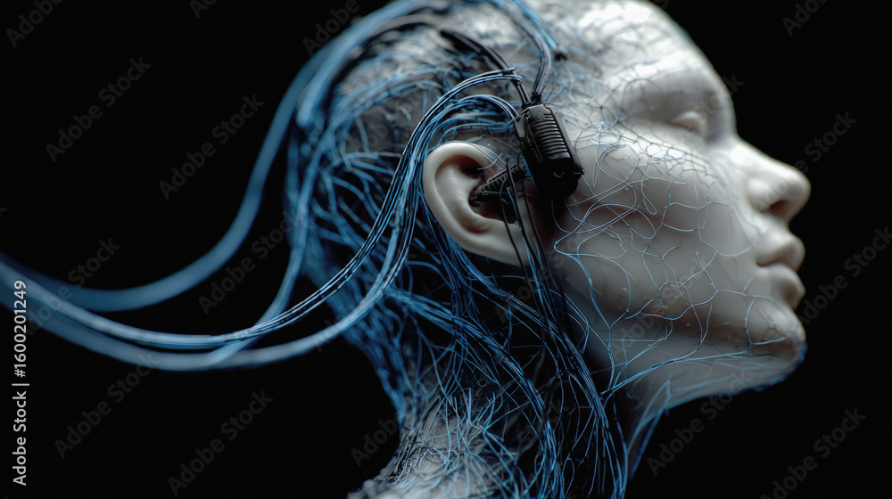 Aufkleber futuristic representation of human head with neural connections and wires, symbolizing advanced tech