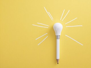 Creative concept with white pencil resembling a light bulb of ideas on a bright yellow background, a symbol of innovation, inspiration and creativity.