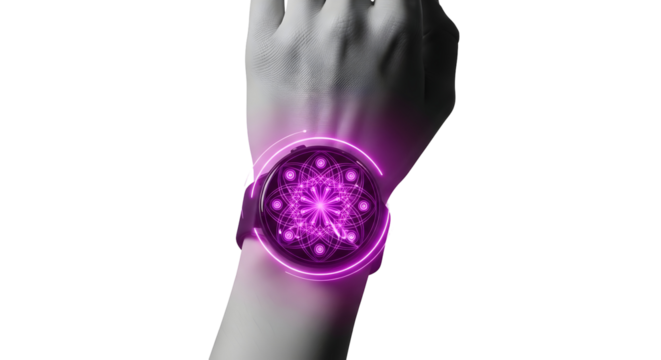 Futuristic Purple Glow: High-Tech Smartwatch Displaying Geometric Design on Wrist 