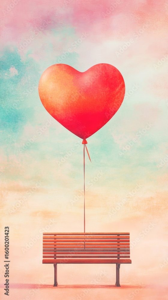 Poster red heart balloon is floating above a bench. the bench is empty and the sky is cloudy. concept of lo