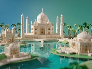 Fototapeta premium Miniature Taj Mahal scene on teal background