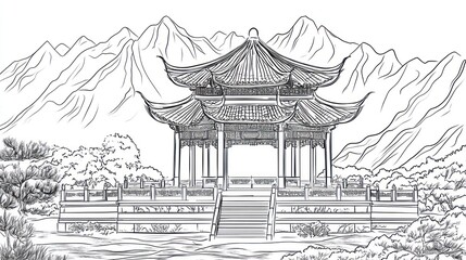 Chinese Pavilion Mountain Landscape Sketch