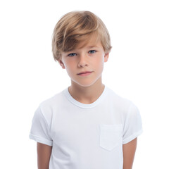 young boy with light brown hair and neutral expression isolated on white background