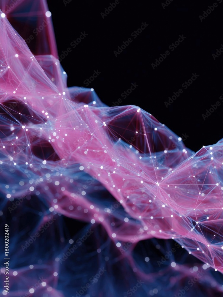 Poster abstract digital art piece that appears to be made up of a series of interconnected lines and dots i