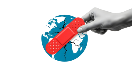 Healing the Earth: Hand Applying Bandage to Cracked Globe - Climate Change Solution