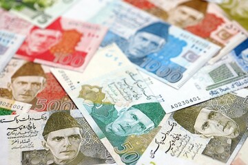 Pakistan rupees banknotes. The current Pakistan money bills lies on table in big amount