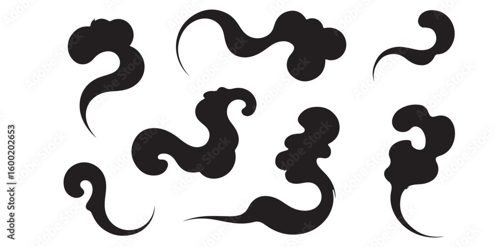 Poster a collection of seven stylized black cloud shapes on a white background in a vector format