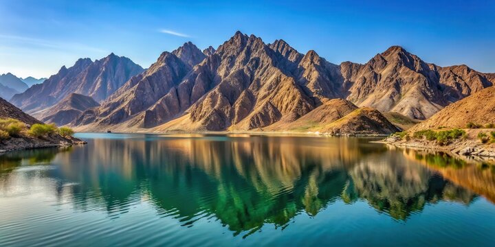 Majestic Hajar Mountains towering above Lake Hatta