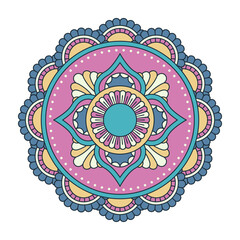 Vector colorful circular mandala isolated on white background. Tribal ornament in pink, yellow and blue colors. Oriental pattern, vintage decorative element for book, card, textile, fashion print. Eth