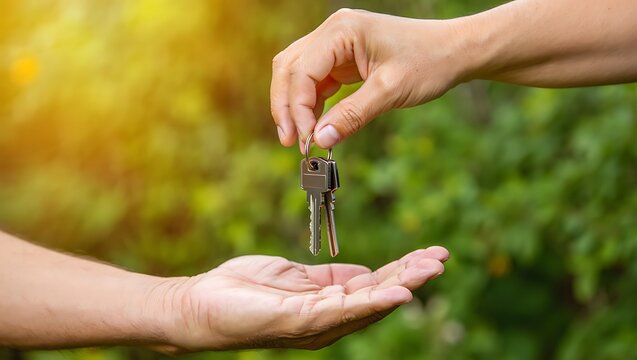 Hand passing keys to open palm against green foliage receiving