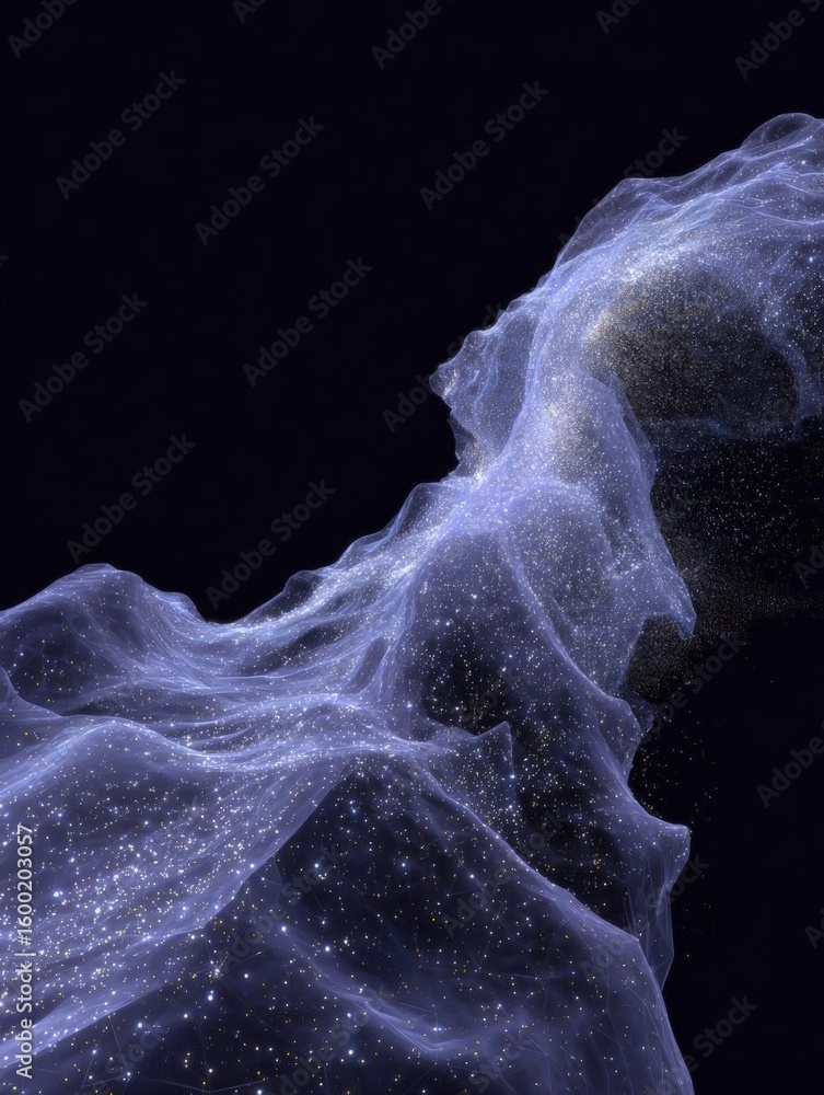 Poster abstract digital art piece that appears to be made up of a series of lines and dots that form a wave