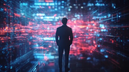 Business navigation and recovery planning. Businessman analyzing growth trends and sales data using a virtual navigation interface