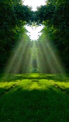 Obraz premium Sunbeams through green trees in peaceful forest.