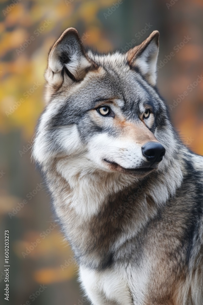 Poster a wolf is staring at the camera with a curious expression. the image has a moody and mysterious feel