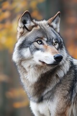 Fototapeta premium A wolf is staring at the camera with a curious expression. The image has a moody and mysterious feel to it, as the wolf's gaze seems to be searching for something or someone