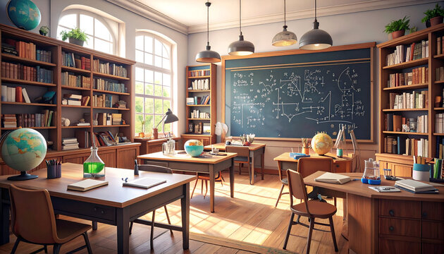 Sunny Classroom with Books, and Science.