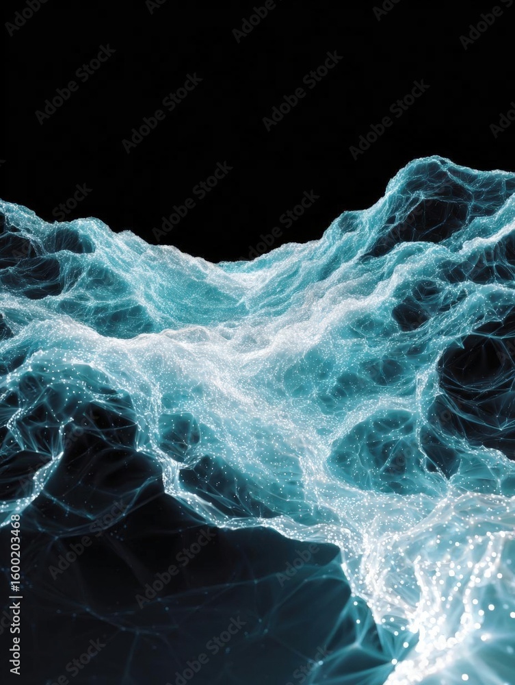 Poster abstract digital art piece that appears to be made up of a wave-like pattern. the wave is a bright b