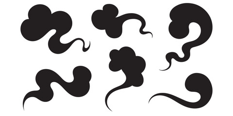 Fototapeta premium Six black cloud shapes with swirling trails on a white background vector illustration art