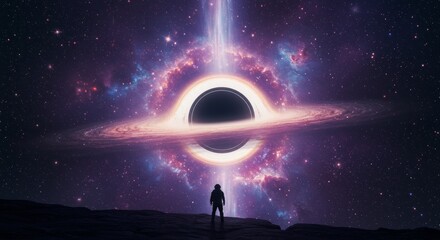 Cosmic encounter: An astronaut faces a luminous black hole amidst a starfield galaxy