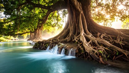 Akar pohon beringin ajaib mengalir ke sungai yang mengalir dalam pemandangan yang tenang dengan matahari bersinar melalui kanopi