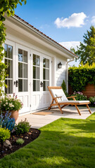 Sunny Patio with White House, and Lawn Chair.