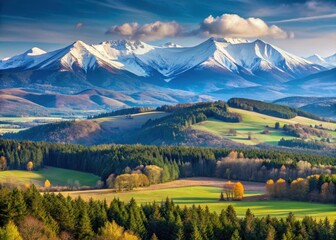 Panoramic view of Sniezka mountain with characteristic flat-topped summits and snow-capped peaks in the Polish Sudetes mountains