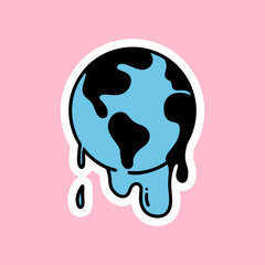 Trendy Y2k sticker with planet Earth. Melting globe. Vector doodle illustration