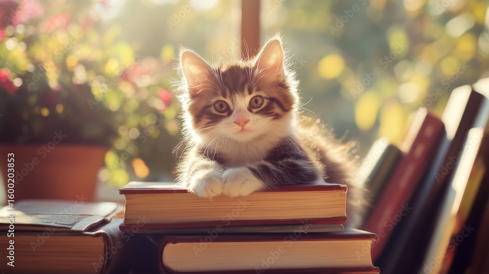 Poster kitten is laying on top of a stack of books. the scene is peaceful and calming, as the kitten appear