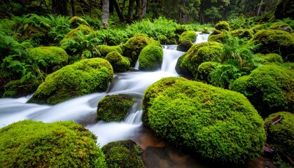 Sungai yang mengalir mengalir di atas bebatuan berlumut di hutan hijau subur, menciptakan pemandangan alam yang tenang