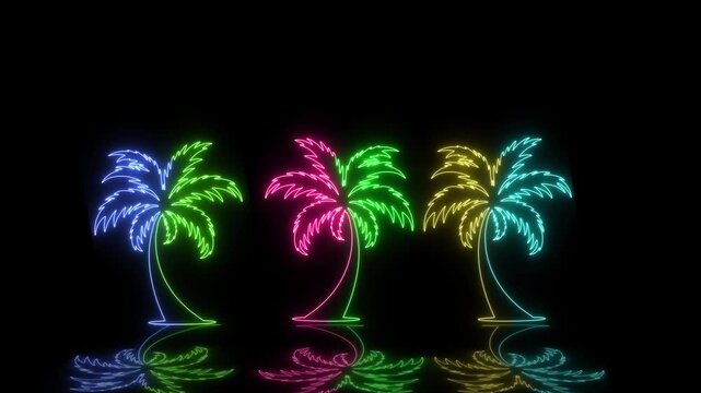 Vibrant Neon Palm Trees Animation Loop Glowing Tropical Summer Background With Reflections, Hello Neon Summer Palm Trees,  Palm Tree Trio With Mirror Effect, Summer Reflection, Vibrant Glowing Tropica