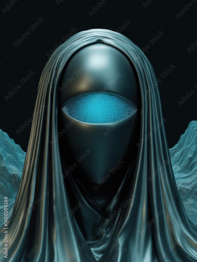 Poster digital illustration of a person wearing a black niqab. the person is standing in front of a dark ba