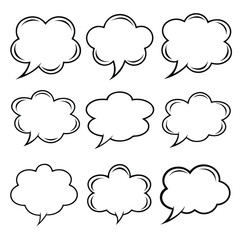 Nine black outline comic book speech bubbles on white background talk dialogue