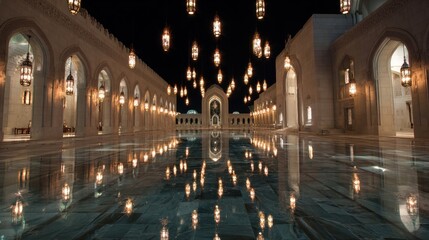 Mosque courtyard at night, lights reflecting