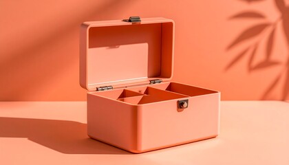 Open Storage Box on Peach Background with Leaf Shadows