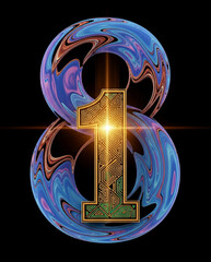 The design of the number 81, with the 8 formed from flowers and gold weaves, the number 1 is like a crystal. The background is the universe, with a swirling galaxy. Impression: Fantasy, and luxury, de