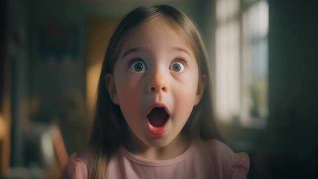 Portrait of a Shocked Little Girl: A Cinematic Close-Up Capturing Pure Wonder and Surprise.