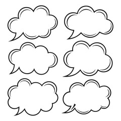 Six black outline comic book speech bubbles on white background talk conversation 2
