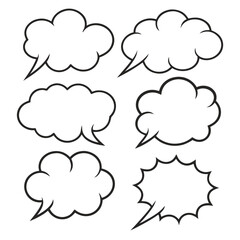 Six black outline comic book speech bubbles on white background talk conversation