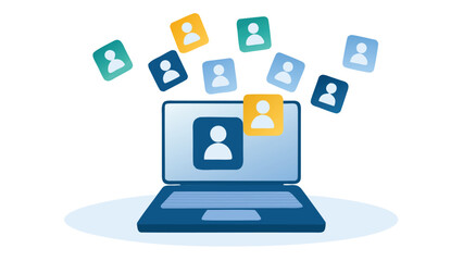 Laptop screen with profile icons floating above displaying social media connections online network