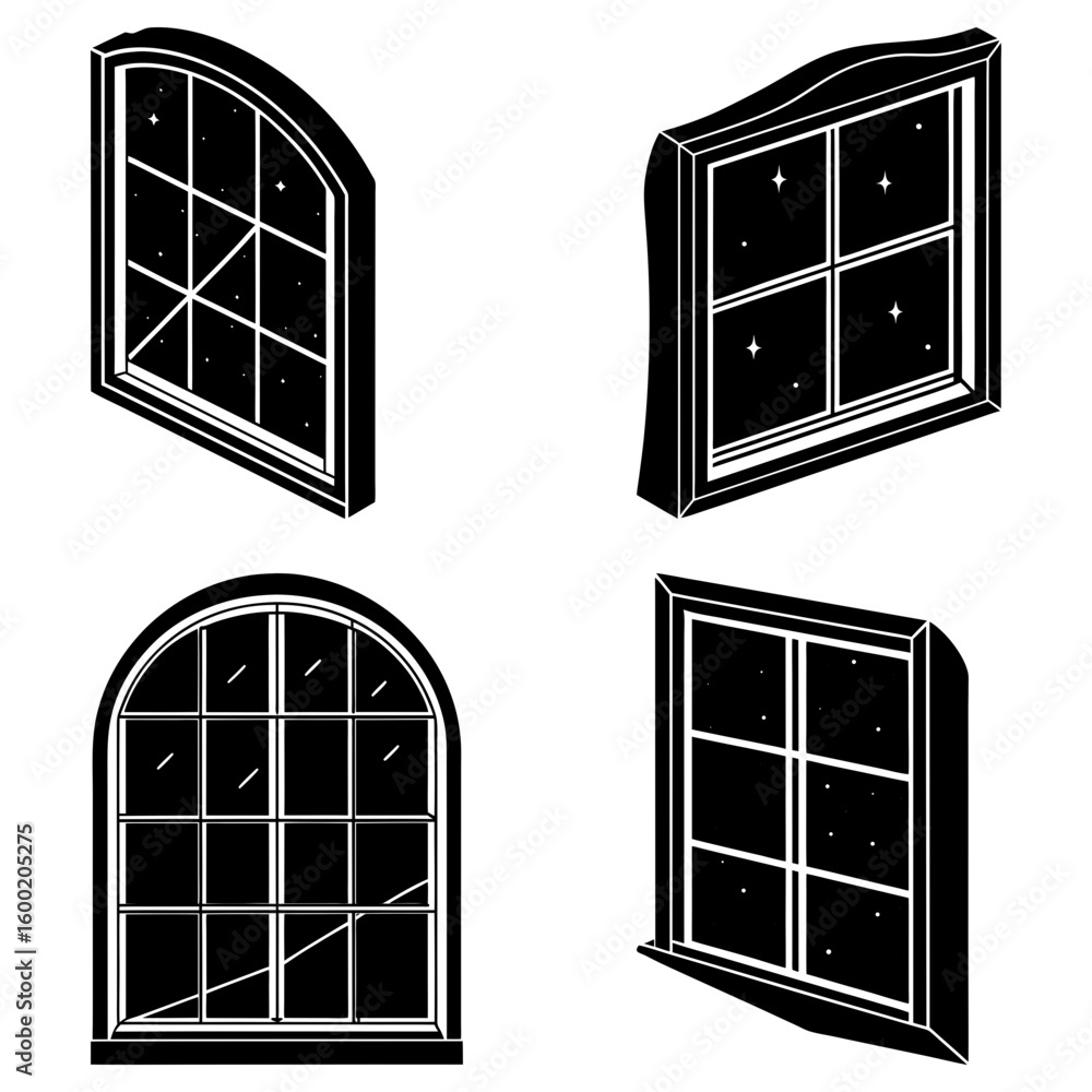 Poster illustration of four different window styles with various pane arrangements and frame designs in bla