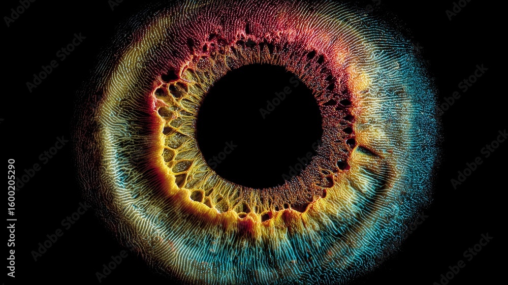 Poster exploring the world of ai biometrics with an advanced representation of an eye and fingerprint patte