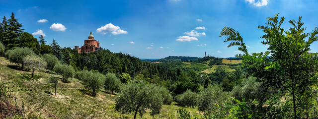Panoramic landscape with Santuario della Madonna di San Luca in Bologna, Italy 
