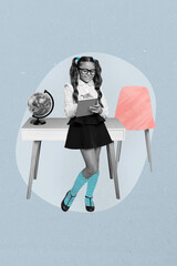 Vertical 3d poster art pop collage of happy schoolgirl write notepad globe geography subject education desk chair learner
