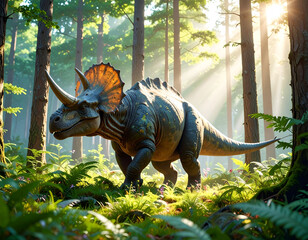 Fototapeta premium Triceratops in sundappled forest.