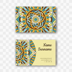Vector horizontal business card template with mandala pattern. Round oriental layout in yellow and blue colors. Isolated colorful ornate visiting card. Good for beauty salon, yoga and massage studio